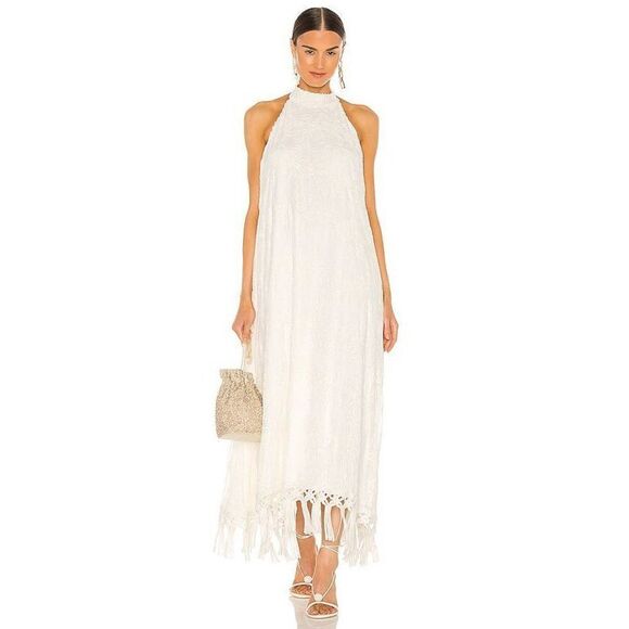 Alexis Tahnia Mock Neck Fringe Summer Boho Bridal Maxi Dress White Size XS